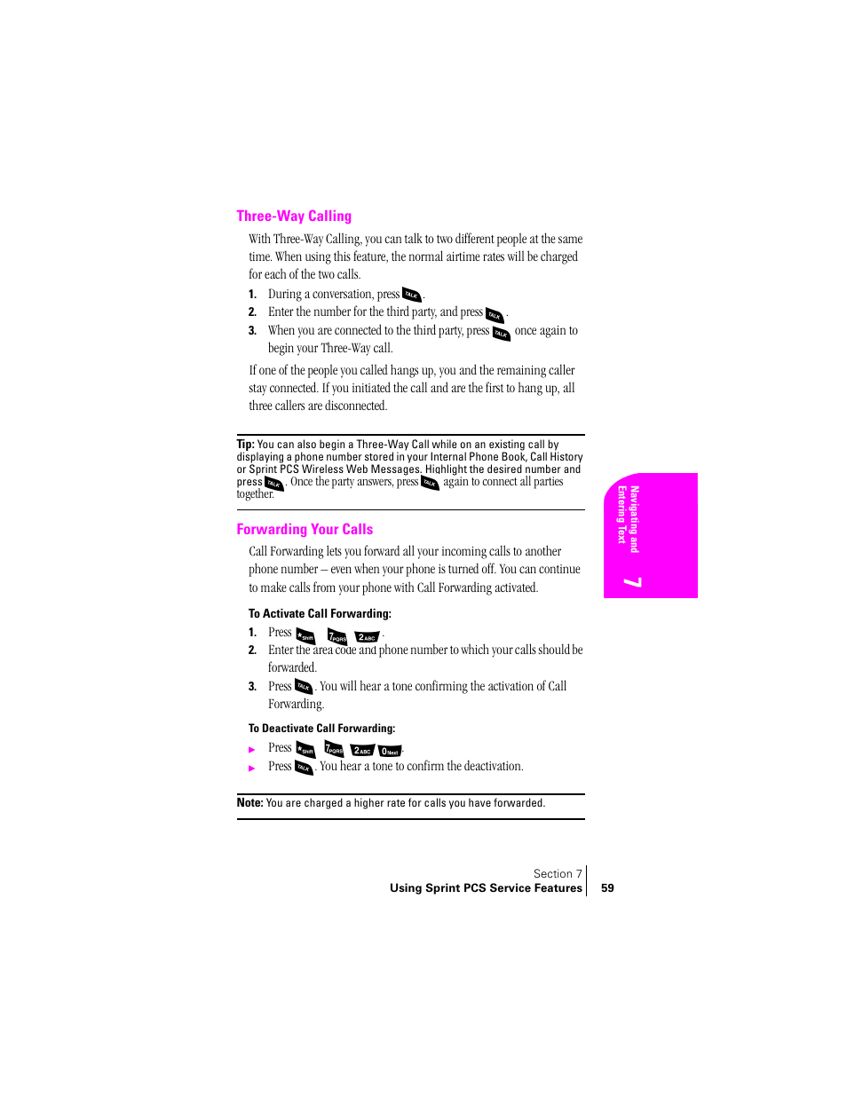 Three-way calling, Forwarding your calls, To activate call forwarding | To deactivate call forwarding | Samsung SPH-A460 User Manual | Page 59 / 159