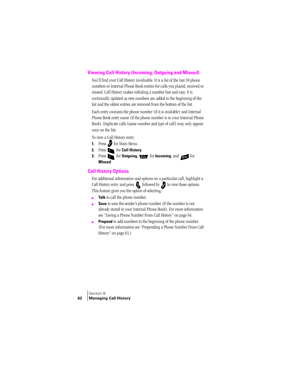 Call history options | Samsung SPH-A460 User Manual | Page 62 / 159