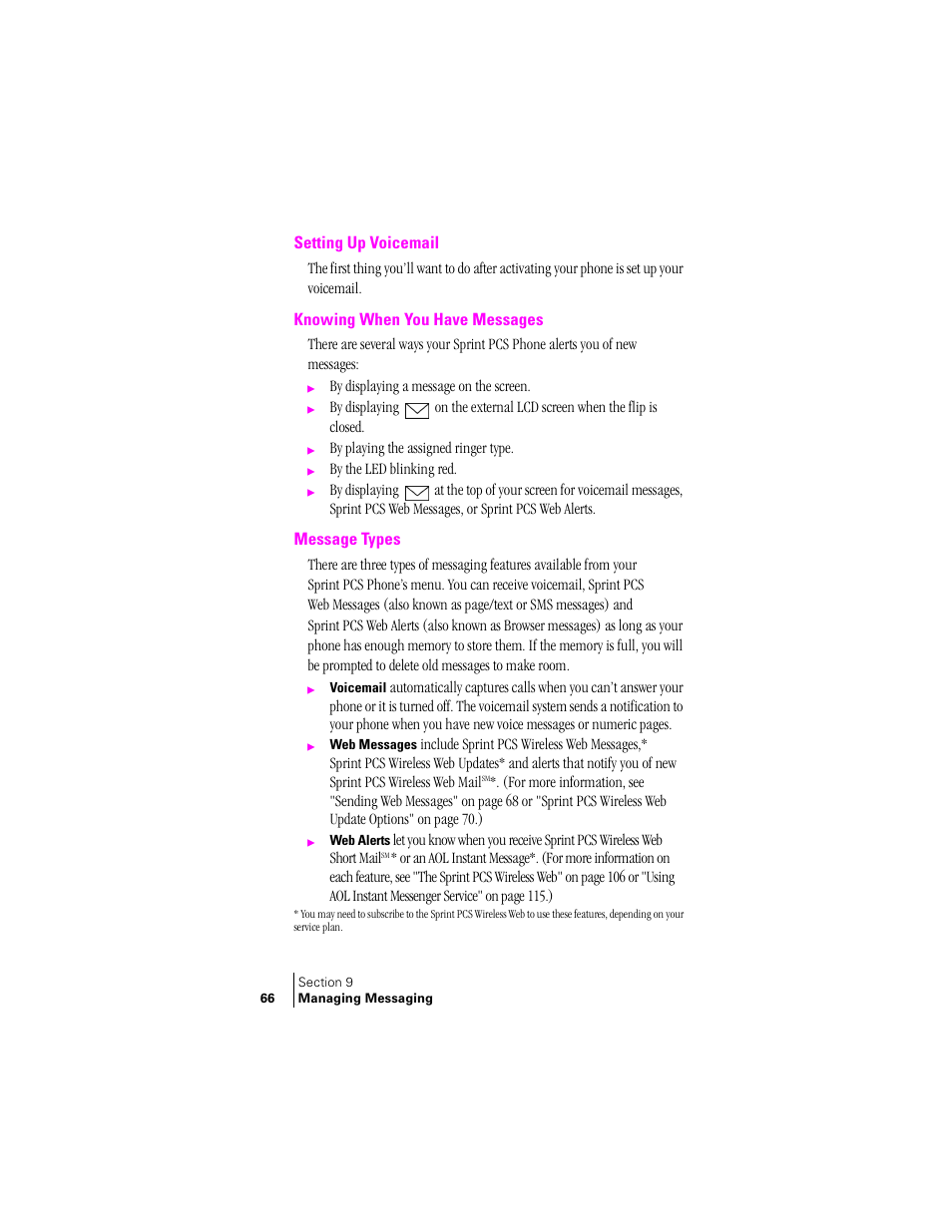 Setting up voicemail, Knowing when you have messages, Message types | Samsung SPH-A460 User Manual | Page 66 / 159