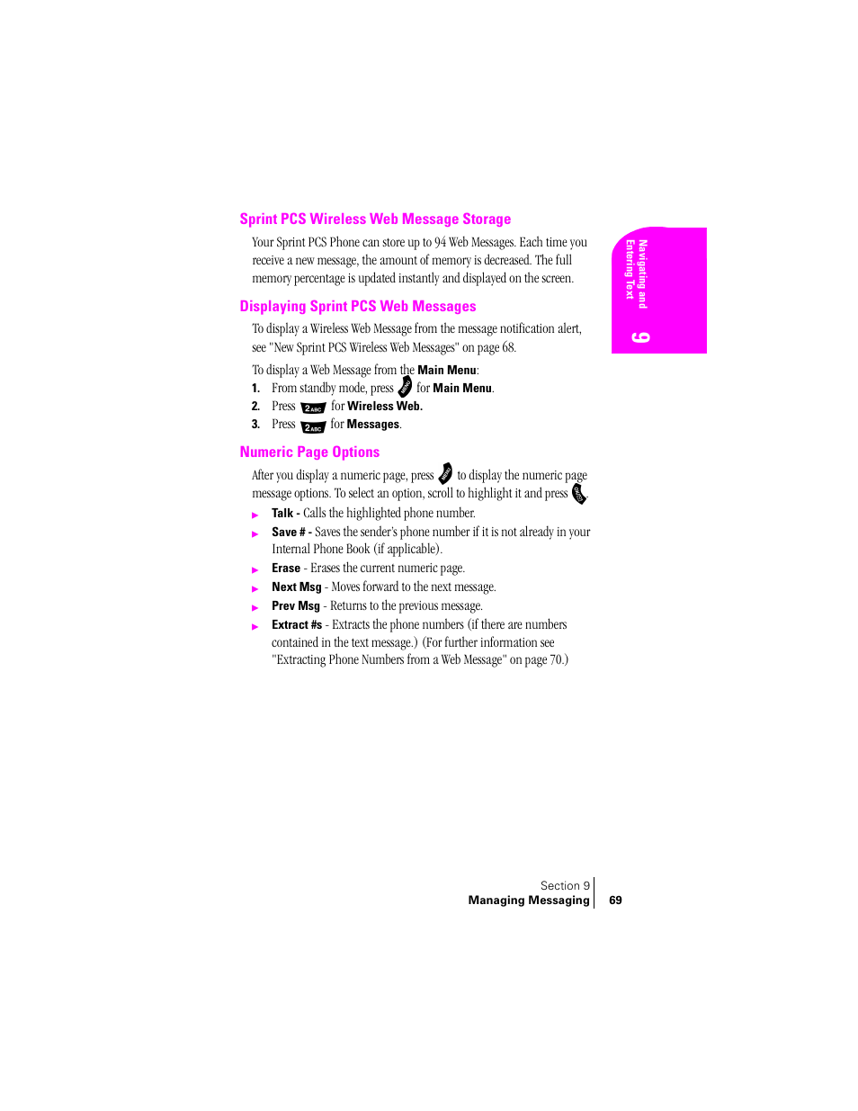 Sprint pcs wireless web message storage, Displaying sprint pcs web messages | Samsung SPH-A460 User Manual | Page 69 / 159