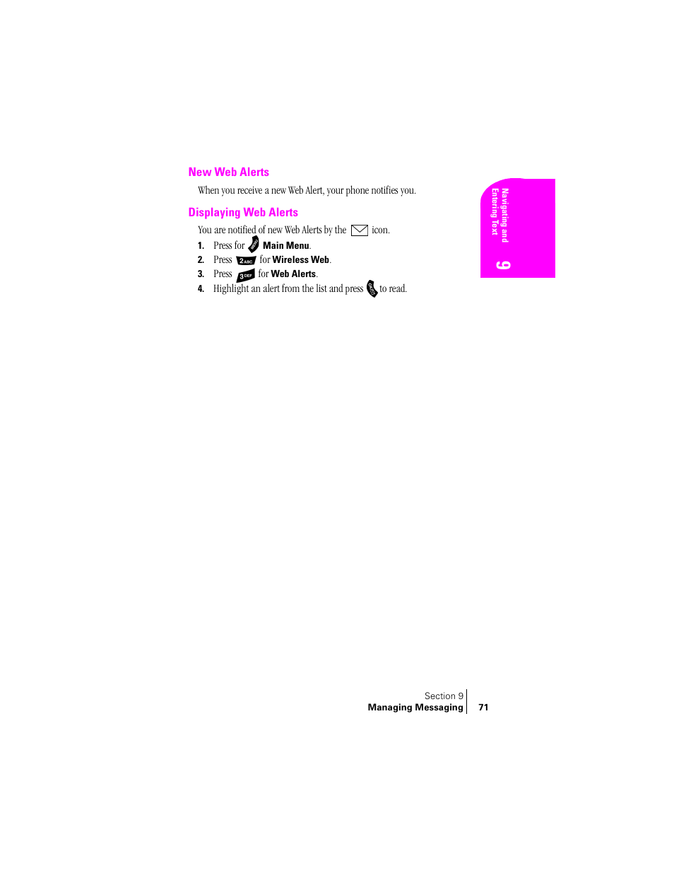New web alerts, Displaying web alerts | Samsung SPH-A460 User Manual | Page 71 / 159