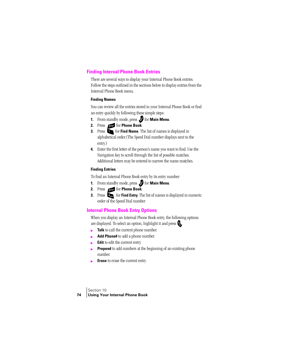 Finding internal phone book entries, Finding names, Finding entries | Internal phone book entry options | Samsung SPH-A460 User Manual | Page 74 / 159