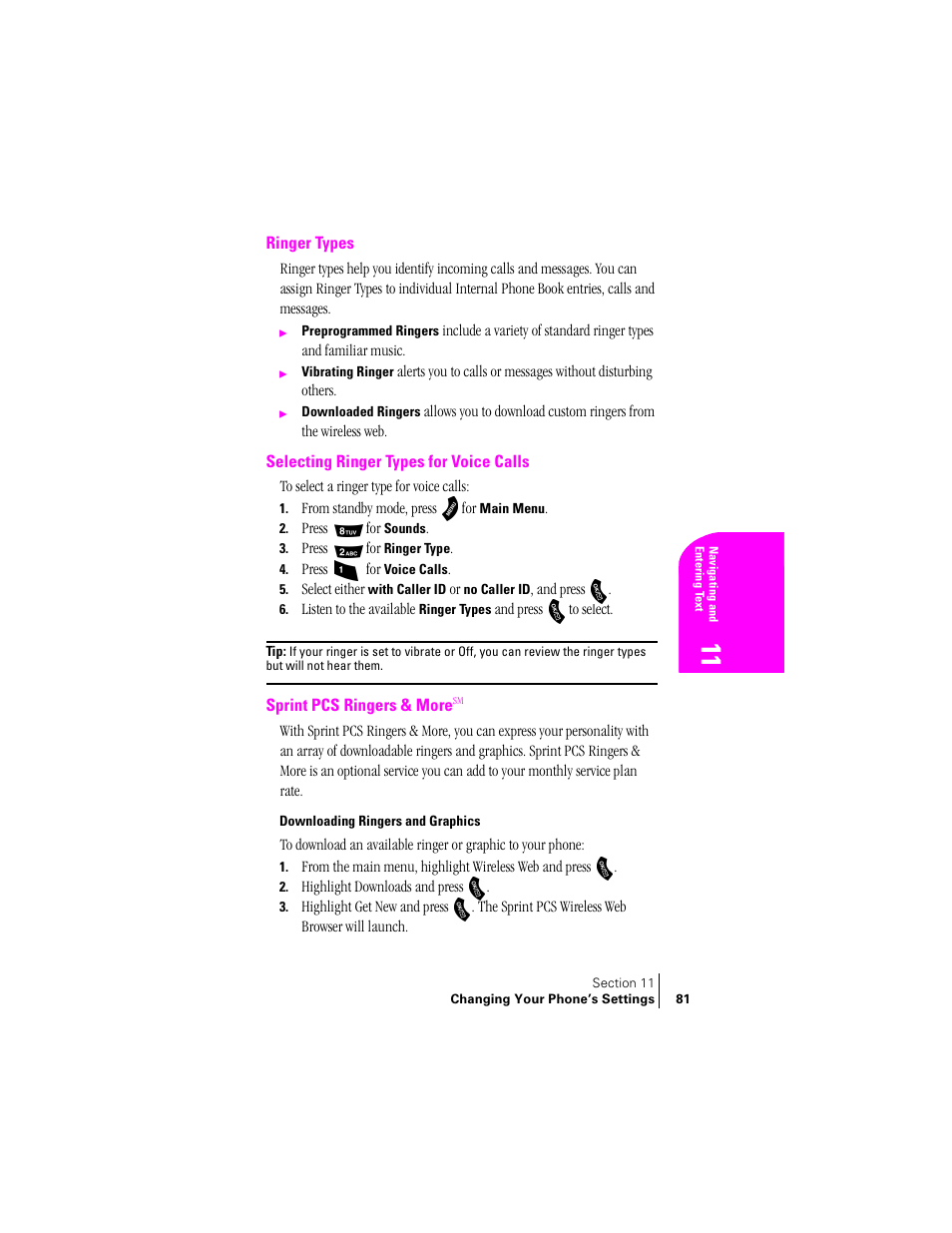 Ringer types, Selecting ringer types for voice calls, Sprint pcs ringers & moresm | Downloading ringers and graphics, Sprint pcs ringers & more | Samsung SPH-A460 User Manual | Page 81 / 159
