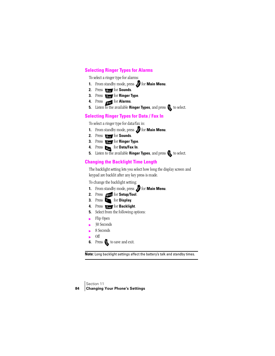 Selecting ringer types for alarms, Selecting ringer types for data / fax in, Changing the backlight time length | Samsung SPH-A460 User Manual | Page 84 / 159