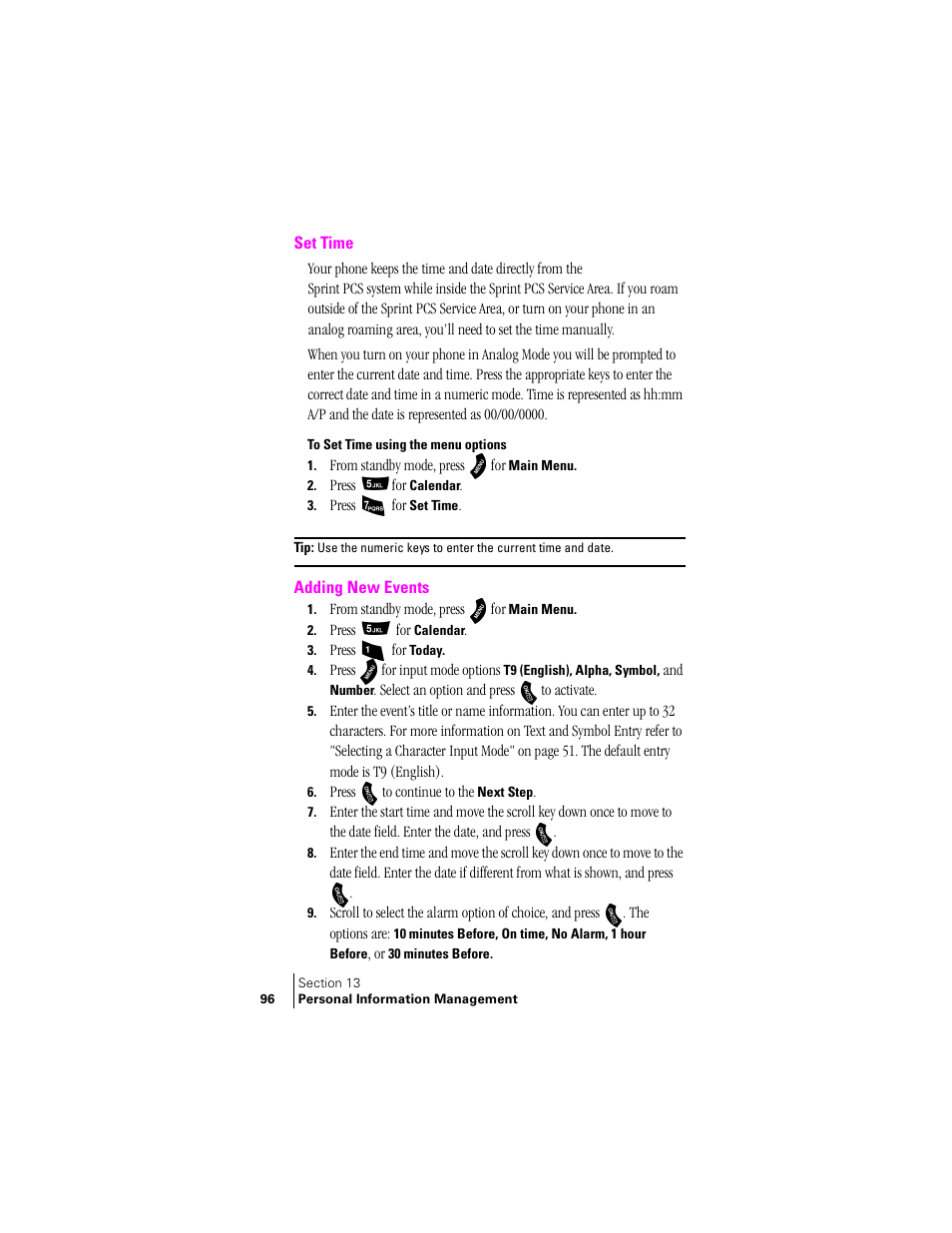 Set time, To set time using the menu options, Adding new events | Samsung SPH-A460 User Manual | Page 96 / 159