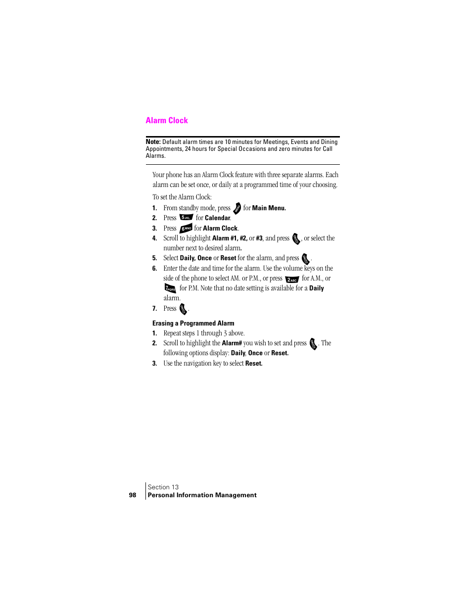 Alarm clock, Erasing a programmed alarm | Samsung SPH-A460 User Manual | Page 98 / 159