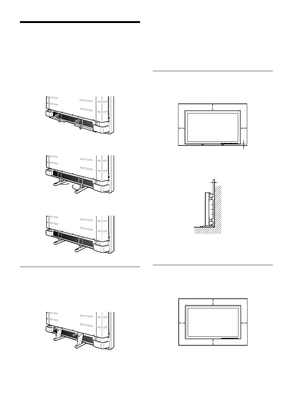 Installation, Utilisation des pieds r師ractables, Attention | Utilisation des pieds rétractables, Pour fixer les pieds rétractables, Lors de l’utilisation des pieds rétractables, Lors de l’utilisation de l’équerre de montage, Sortez les pieds rétractables, Avant, Côté | Sony 500A3WE User Manual | Page 53 / 244