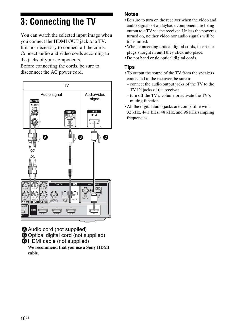 Connecting the tv, E 16, Tips | Sony HT-SS100 User Manual | Page 16 / 64