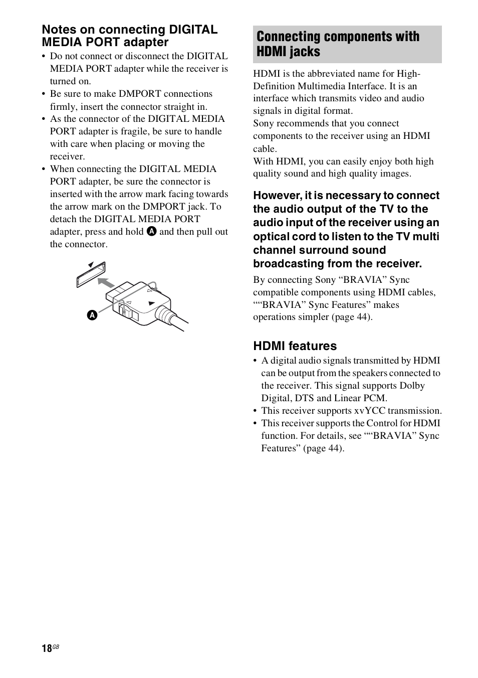 Connecting components with hdmi jacks, Hdmi features | Sony HT-SS100 User Manual | Page 18 / 64