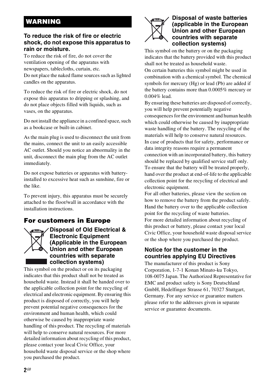 For customers in europe, Warning | Sony HT-SS100 User Manual | Page 2 / 64