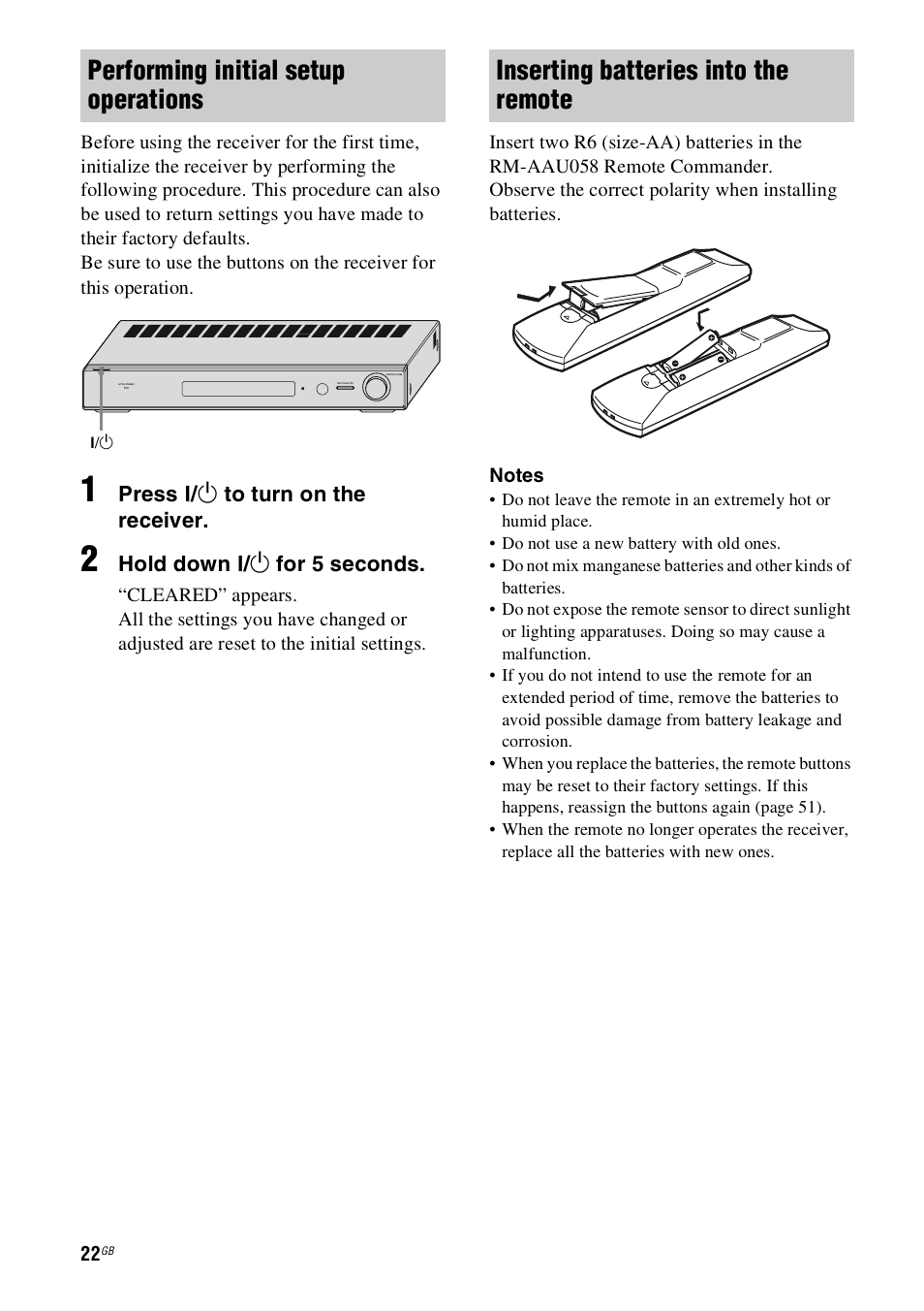 Age 22, Performing initial setup operations, Inserting batteries into the remote | Press ? / 1 to turn on the receiver, Hold down ? / 1 for 5 seconds | Sony HT-SS100 User Manual | Page 22 / 64