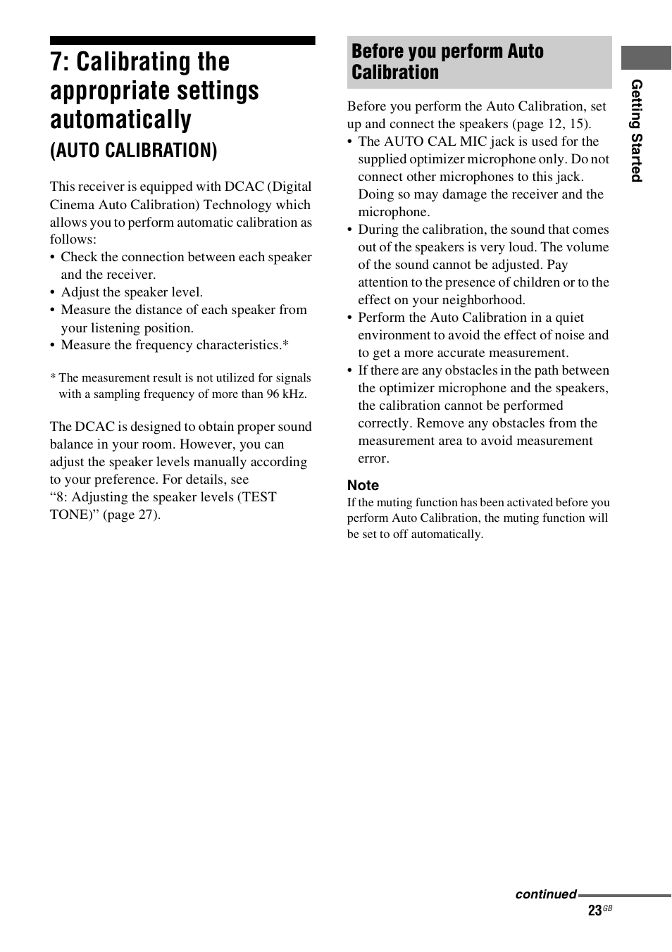 Calibrating the appropriate settings, Automatically, Auto calibration) | Calibrating the appropriate settings automatically, Before you perform auto calibration | Sony HT-SS100 User Manual | Page 23 / 64