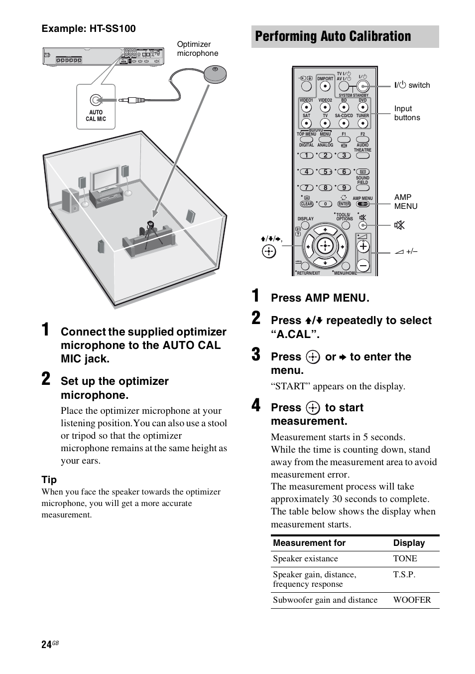 Performing auto calibration, Set up the optimizer microphone, Press amp menu | Press v / v repeatedly to select “a.cal, Press or b to enter the menu, Press to start measurement, Example: ht-ss100, Start” appears on the display | Sony HT-SS100 User Manual | Page 24 / 64