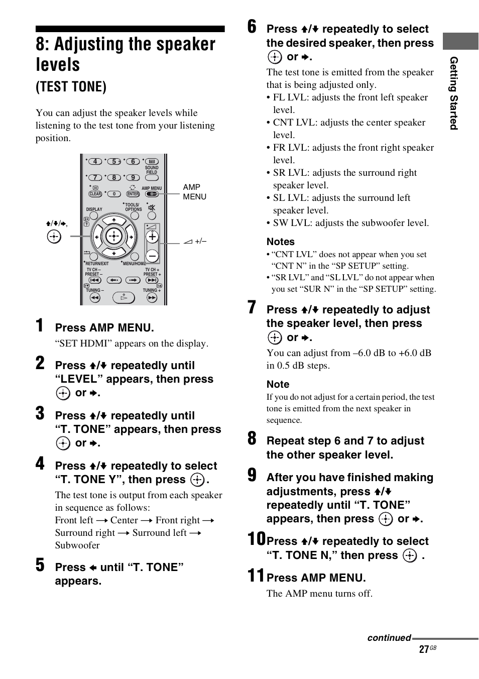 Adjusting the speaker levels (test tone), Adjusting the speaker levels, Test tone) | Sony HT-SS100 User Manual | Page 27 / 64