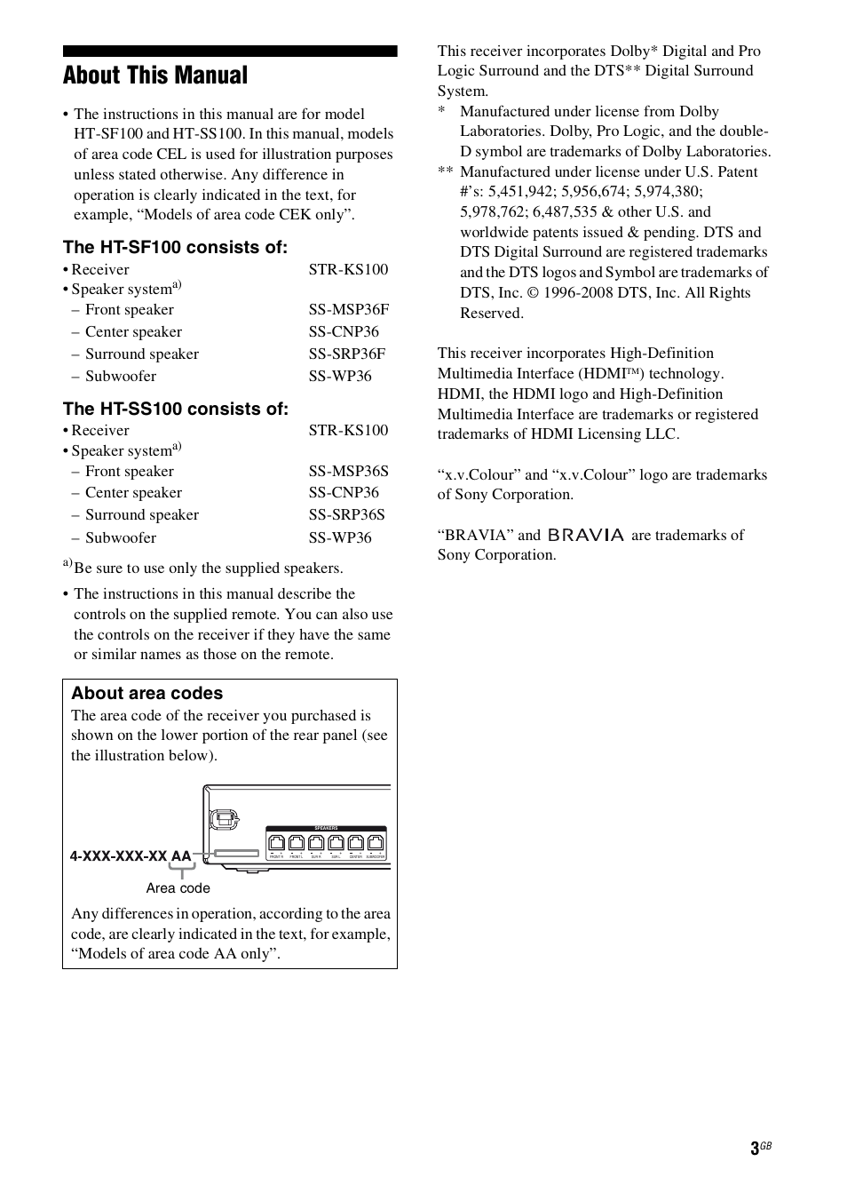 About this manual, The ht-sf100 consists of, The ht-ss100 consists of | About area codes | Sony HT-SS100 User Manual | Page 3 / 64