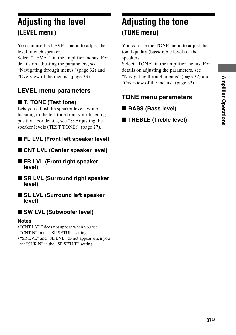 Adjusting the level (level menu), Adjusting the tone (tone menu), Adjusting the level | Adjusting the tone, Level menu), Tone menu) | Sony HT-SS100 User Manual | Page 37 / 64