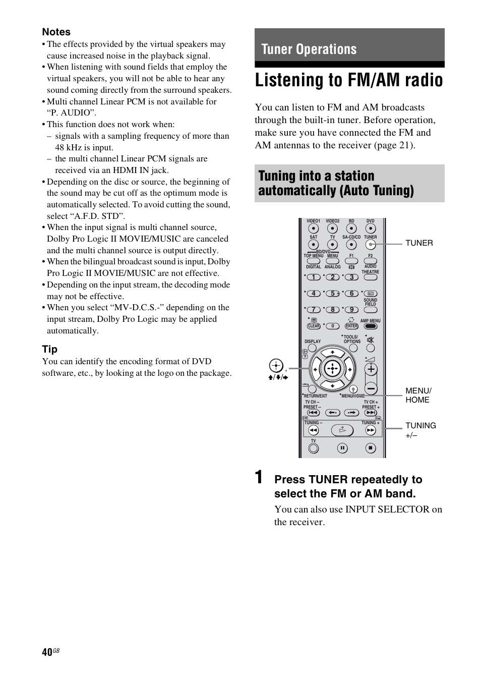 Tuner operations, Listening to fm/am radio, Press tuner repeatedly to select the fm or am band | You can also use input selector on the receiver | Sony HT-SS100 User Manual | Page 40 / 64