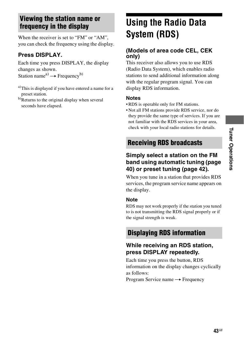 Using the radio data system (rds), Models of area code cel, cek only) | Sony HT-SS100 User Manual | Page 43 / 64