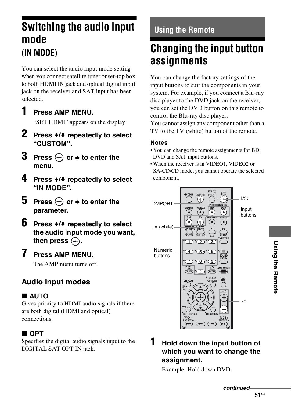 Switching the audio input mode (in mode), Using the remote, Changing the input button assignments | Switching the audio input mode, In mode), Audio input modes, Press amp menu, Press v / v repeatedly to select “custom, Press or b to enter the menu, Press v / v repeatedly to select “in mode | Sony HT-SS100 User Manual | Page 51 / 64