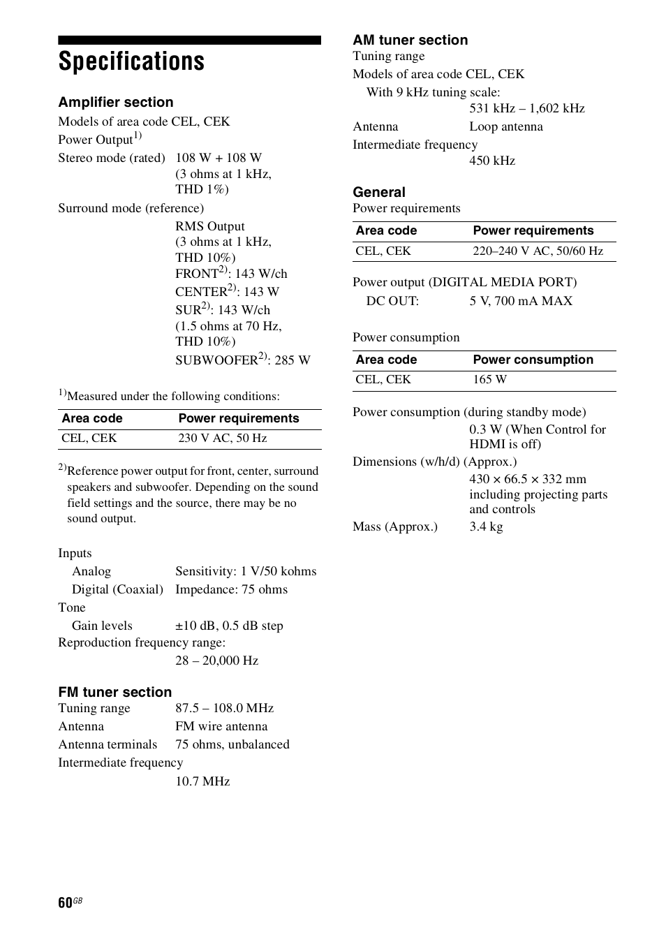 Specifications | Sony HT-SS100 User Manual | Page 60 / 64