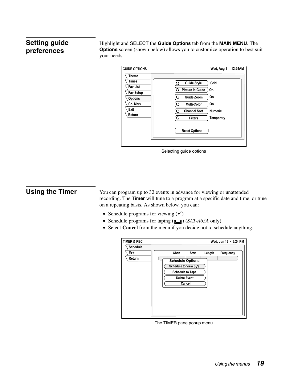 19 setting guide preferences, Using the timer | Sony SAT-B65A User Manual | Page 27 / 60
