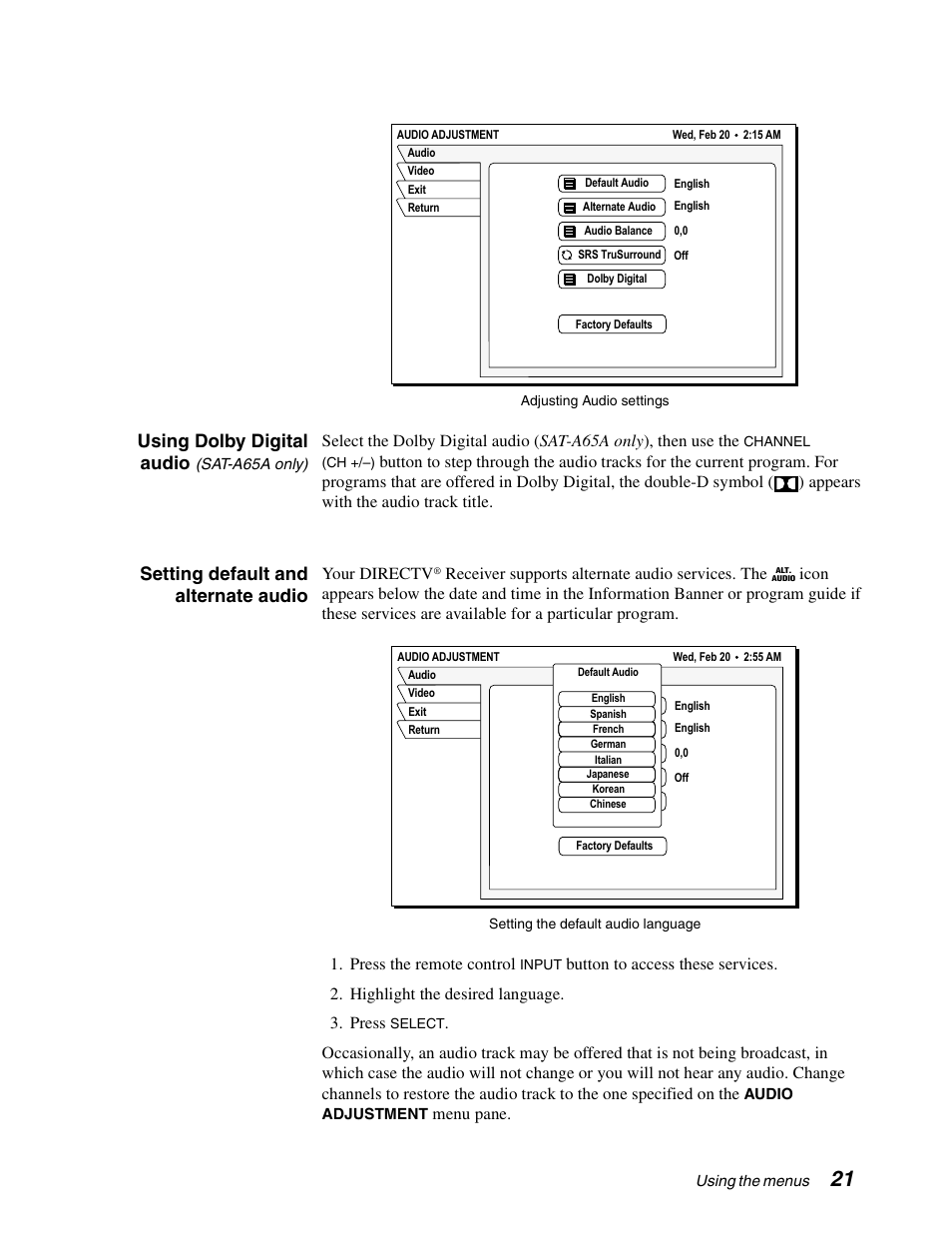 Using dolby digital audio, Setting default and alternate audio | Sony SAT-B65A User Manual | Page 29 / 60