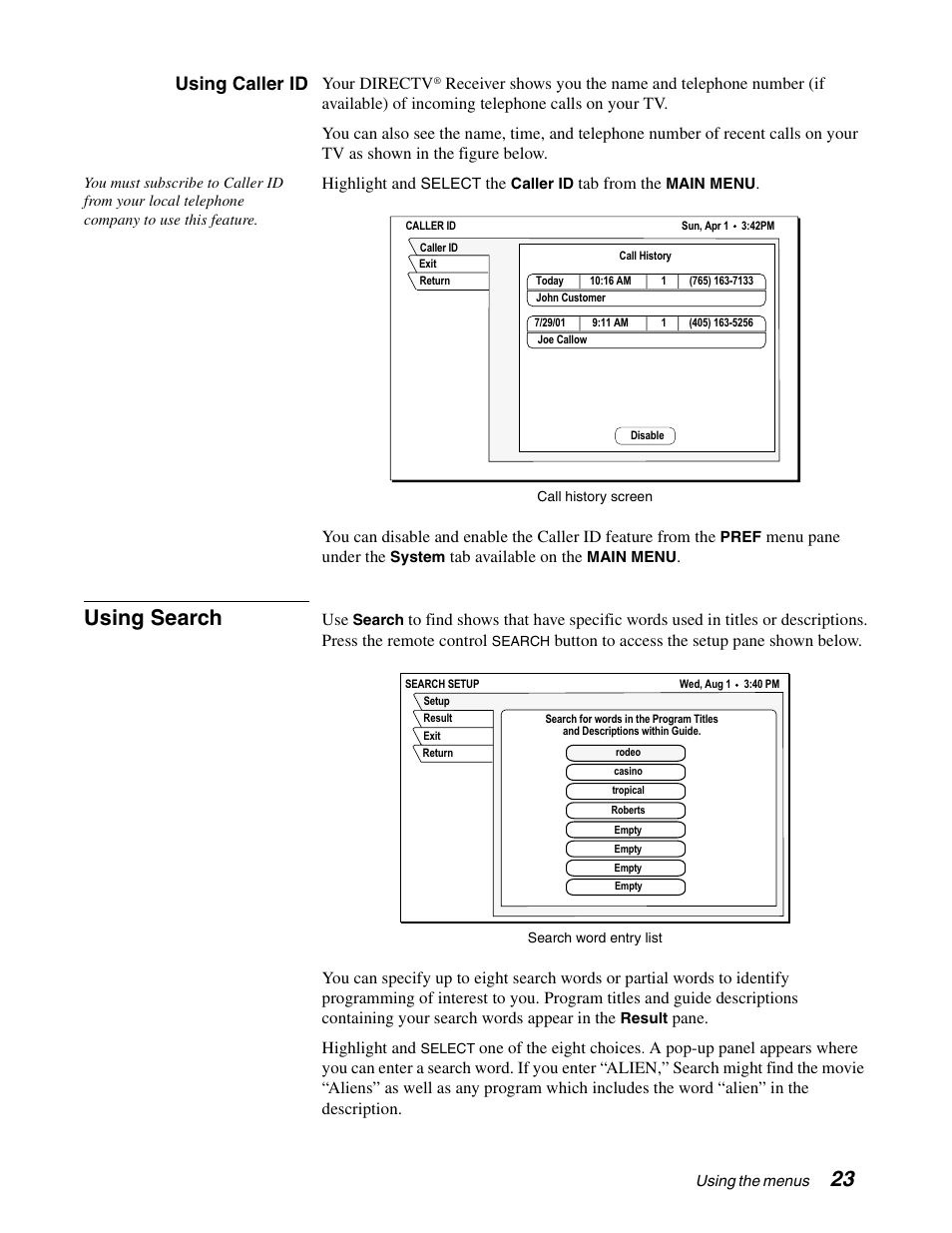 Using search, Using caller id | Sony SAT-B65A User Manual | Page 31 / 60