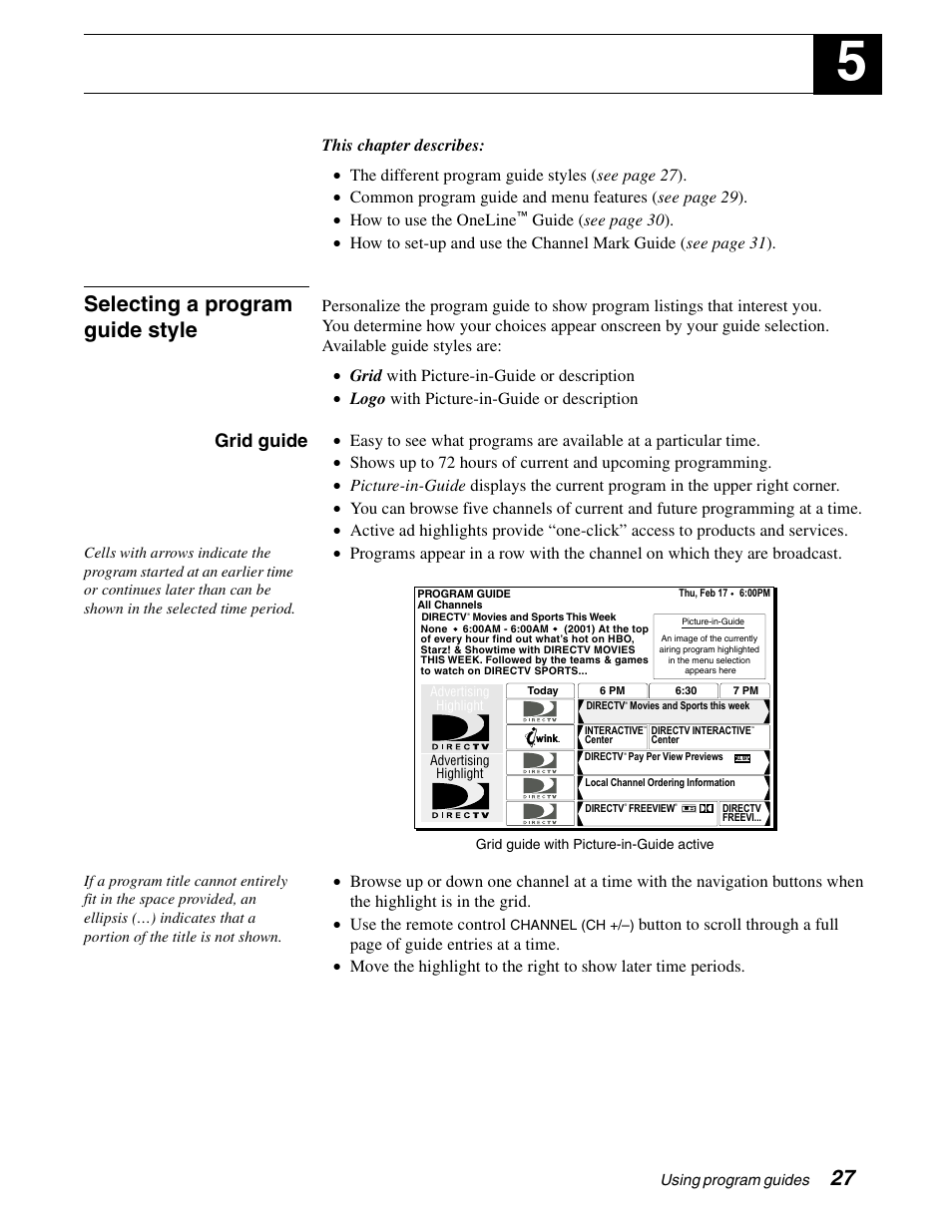 Using program guides, Selecting a program guide style, Grid guide | Sony SAT-B65A User Manual | Page 35 / 60