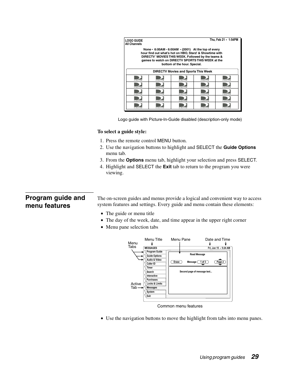 Program guide and menu features, Menu tab. 3. from the, Menu tab, highlight your selection and press | Highlight and, Tab to return to the program you were viewing | Sony SAT-B65A User Manual | Page 37 / 60