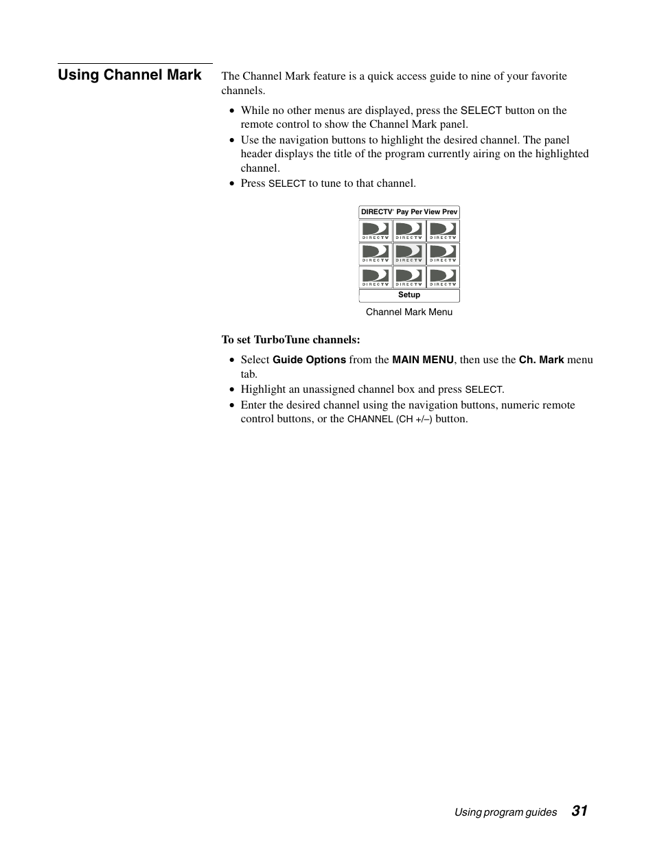 31 using channel mark | Sony SAT-B65A User Manual | Page 39 / 60