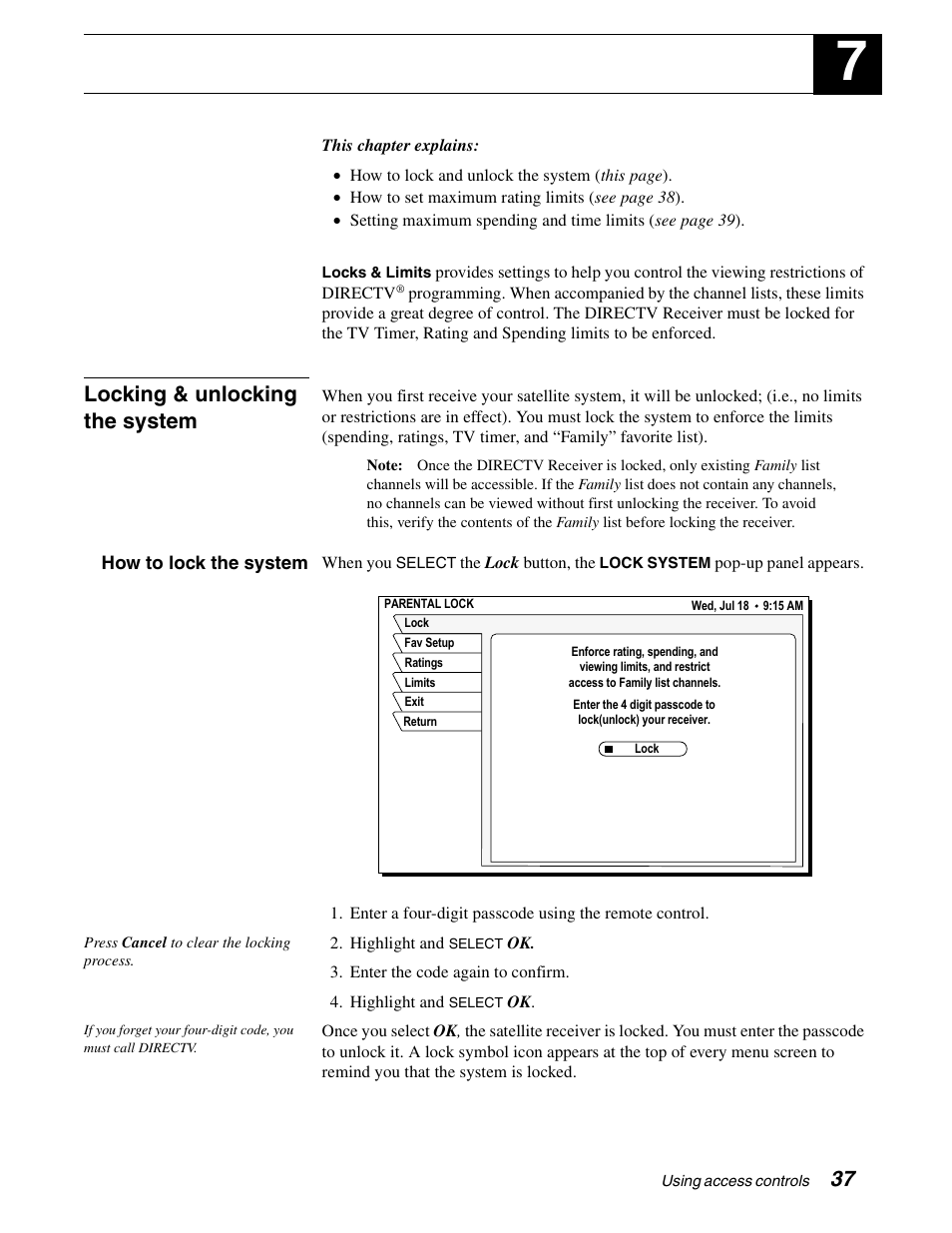 Using access controls, Locking & unlocking the system | Sony SAT-B65A User Manual | Page 45 / 60