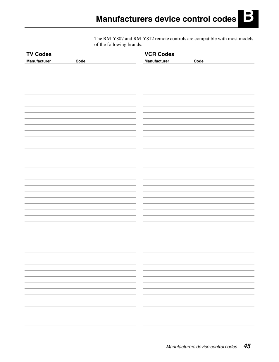 Manufacturers device control codes, Tv codes vcr codes | Sony SAT-B65A User Manual | Page 53 / 60
