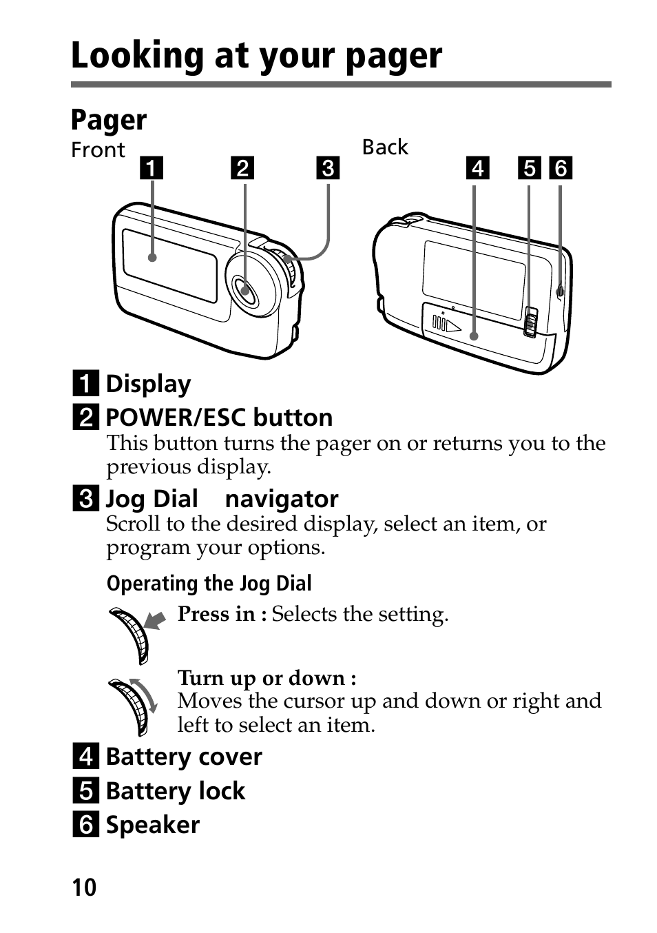 Looking at your pager, Pager | Sony MP-7001 User Manual | Page 10 / 48