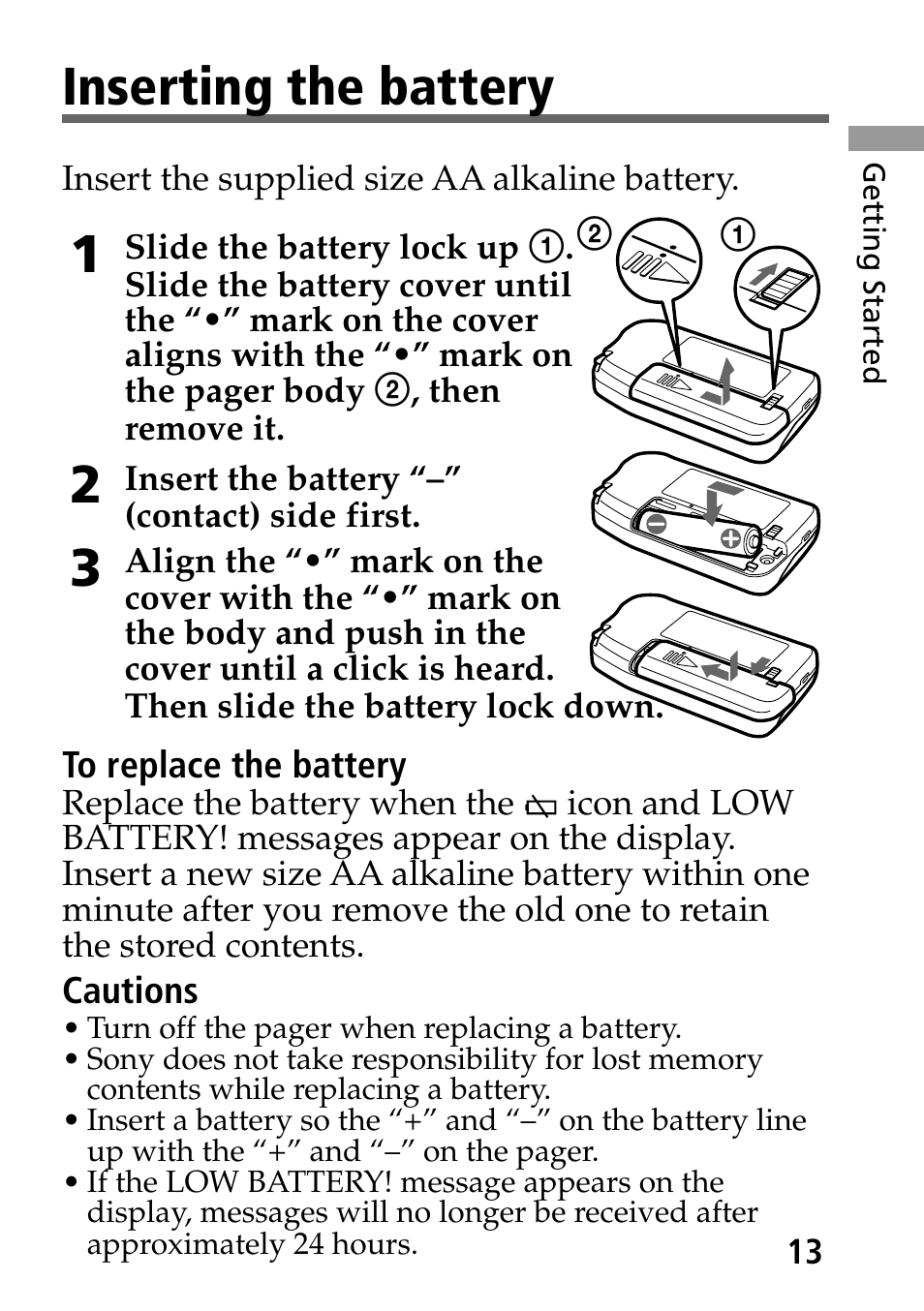Inserting the battery | Sony MP-7001 User Manual | Page 13 / 48
