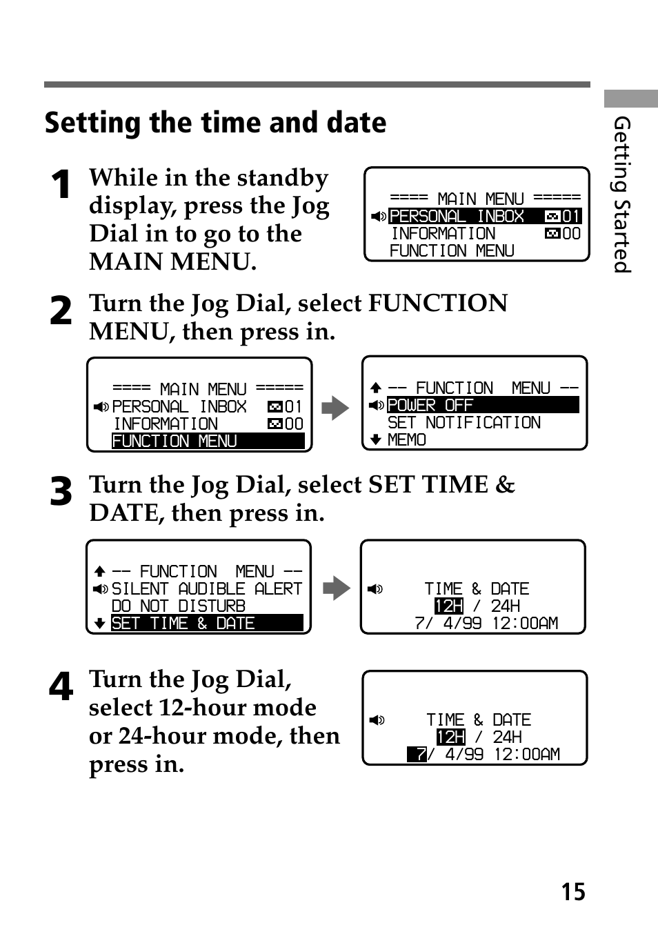 Setting the time and date | Sony MP-7001 User Manual | Page 15 / 48