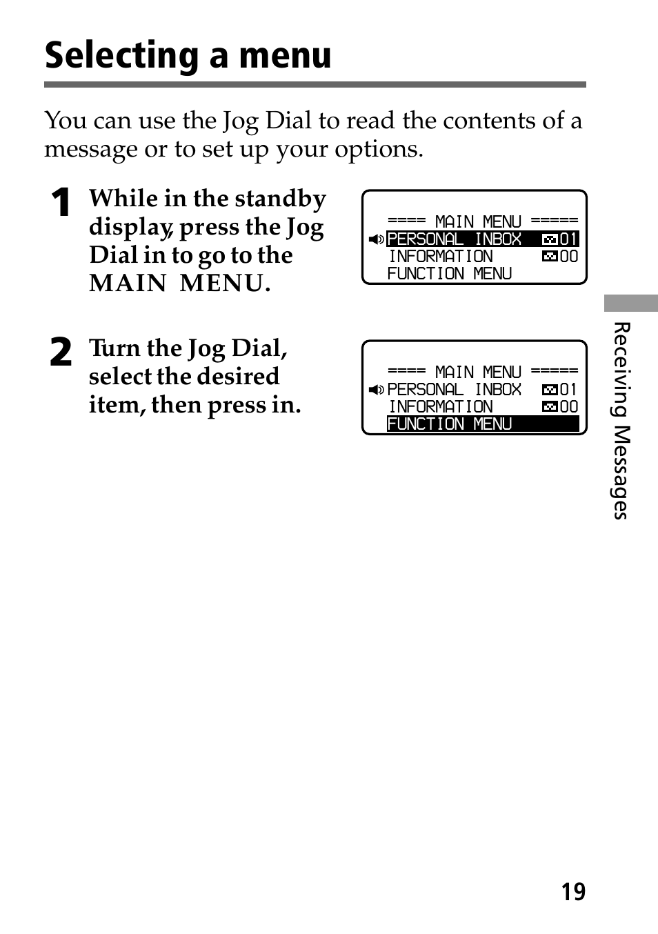 Selecting a menu | Sony MP-7001 User Manual | Page 19 / 48