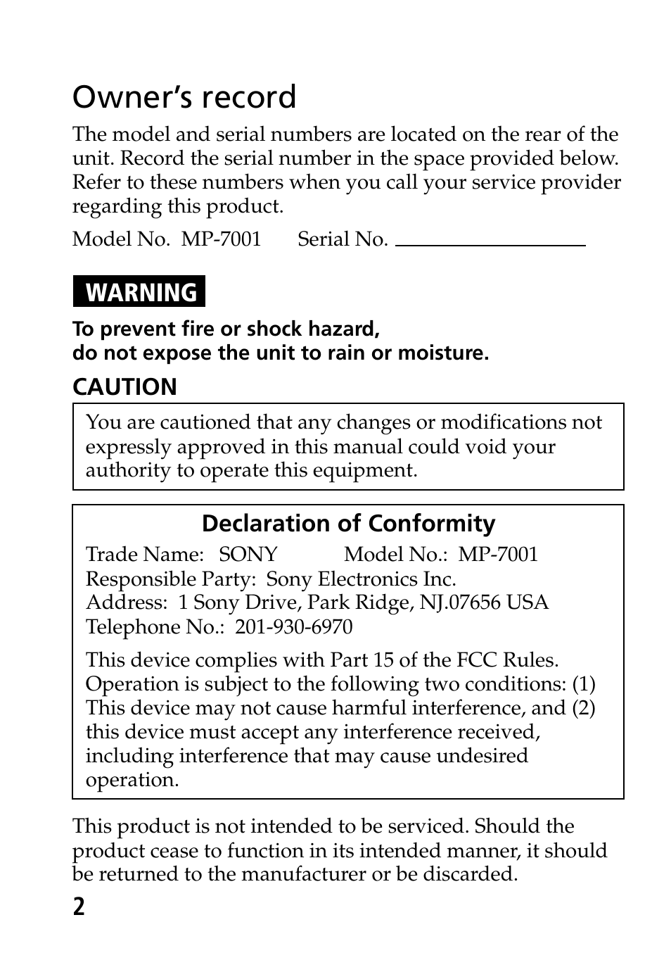 Owner’s record | Sony MP-7001 User Manual | Page 2 / 48