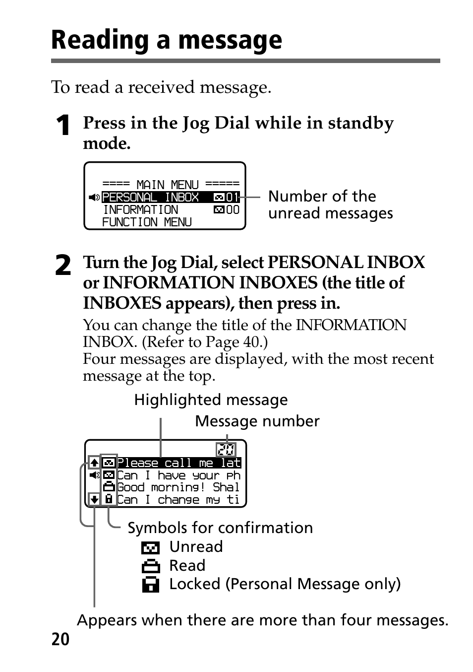 Reading a message | Sony MP-7001 User Manual | Page 20 / 48