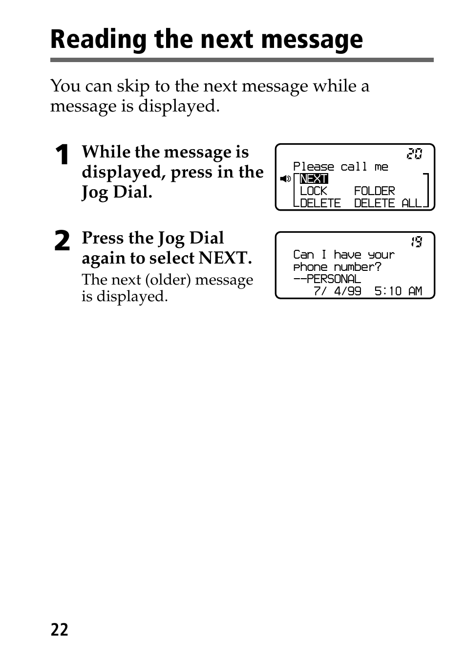 Reading the next message | Sony MP-7001 User Manual | Page 22 / 48