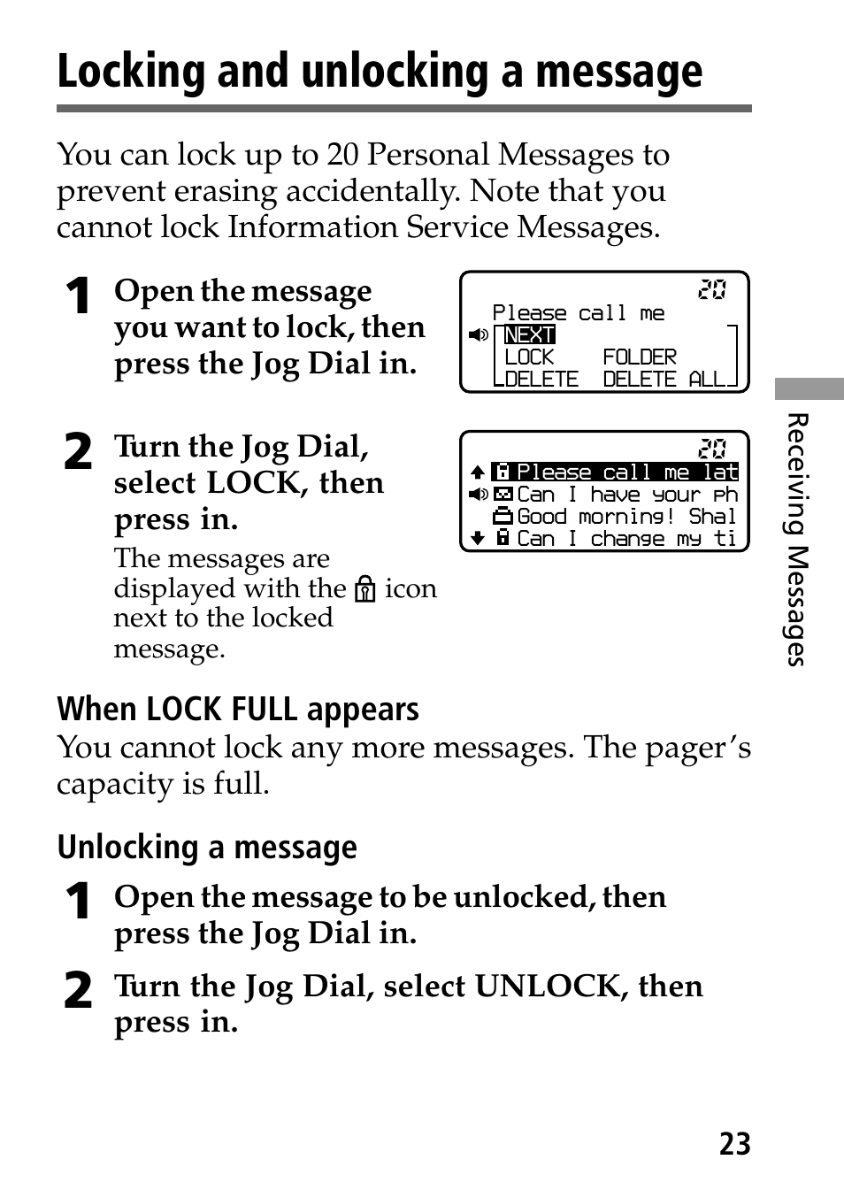 Locking and unlocking a message | Sony MP-7001 User Manual | Page 23 / 48