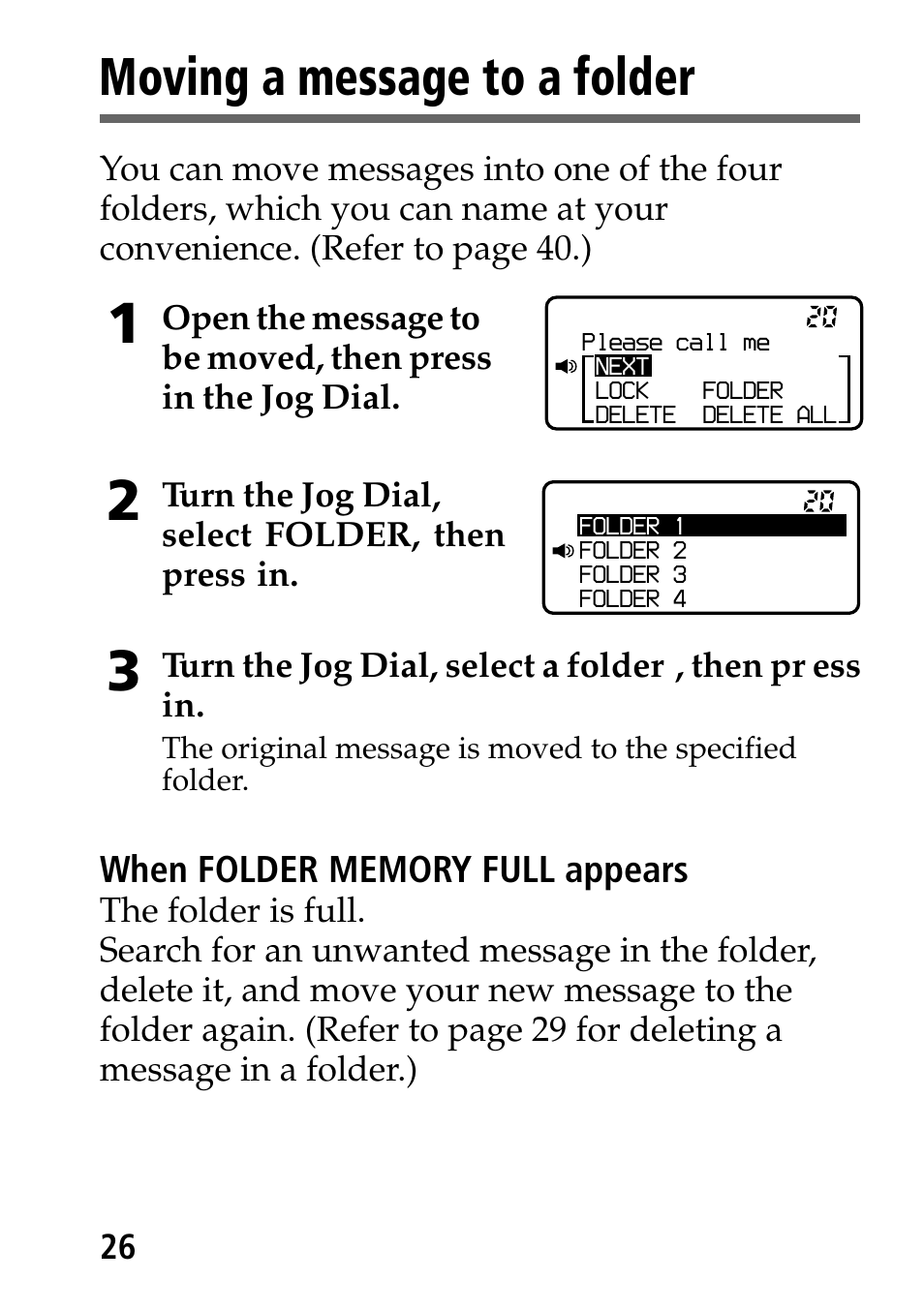 Moving a message to a folder | Sony MP-7001 User Manual | Page 26 / 48