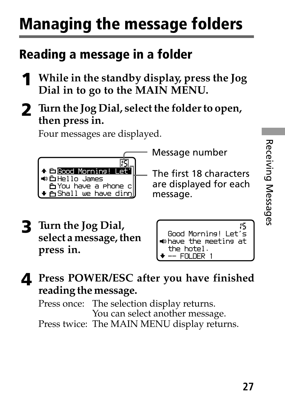 Managing the message folders | Sony MP-7001 User Manual | Page 27 / 48