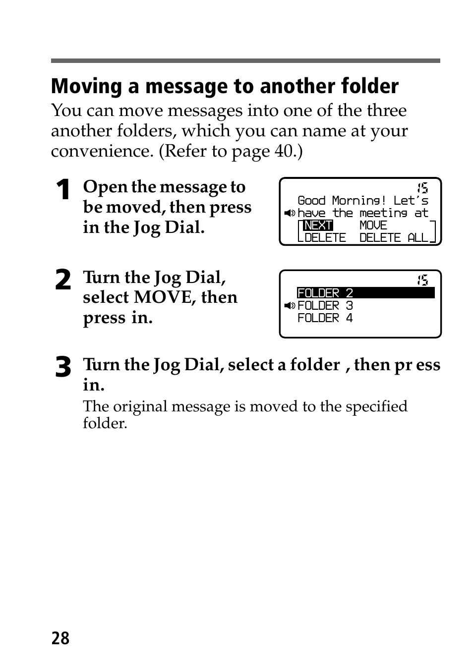 Moving a message to another folder | Sony MP-7001 User Manual | Page 28 / 48