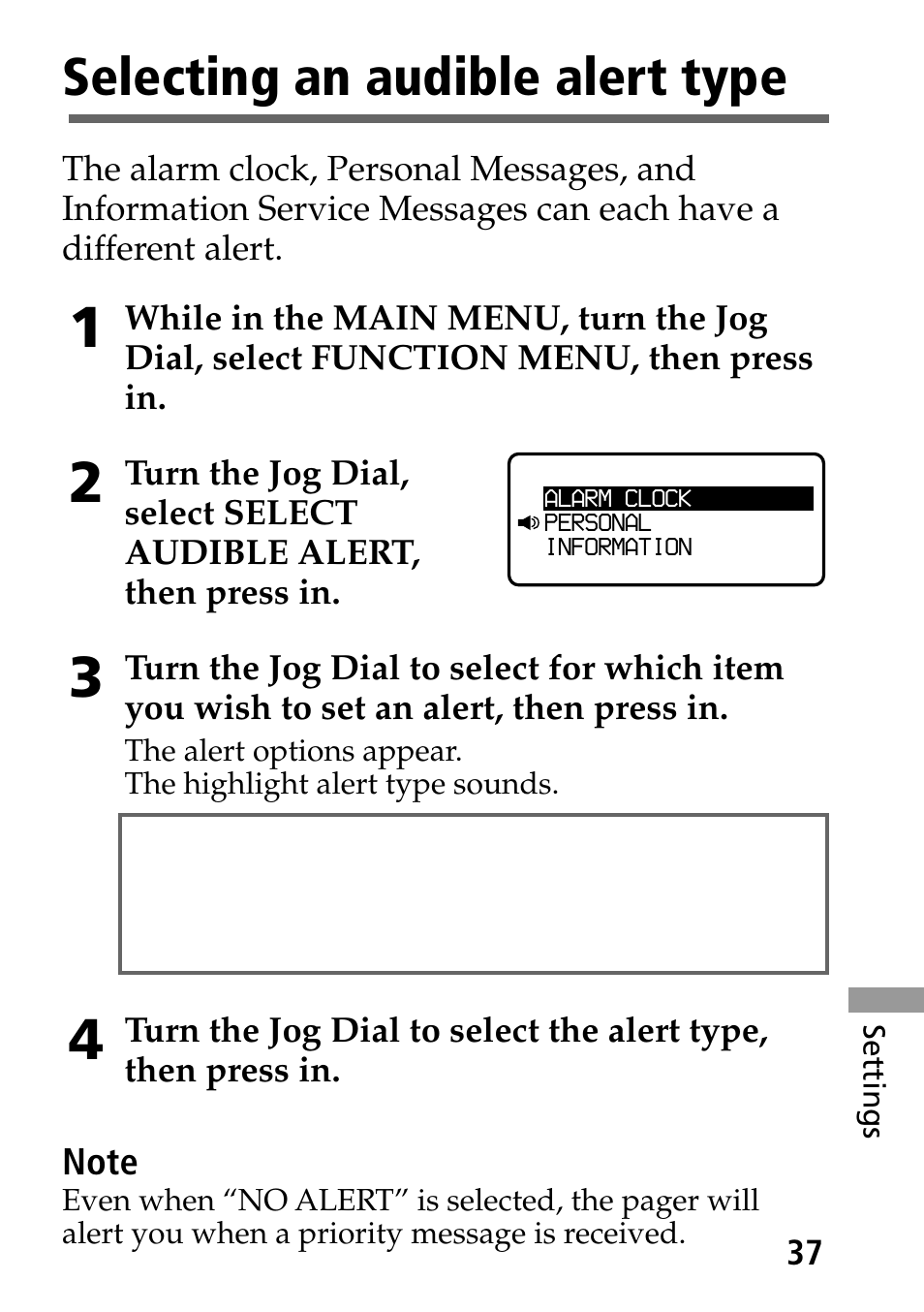Selecting an audible alert type | Sony MP-7001 User Manual | Page 37 / 48
