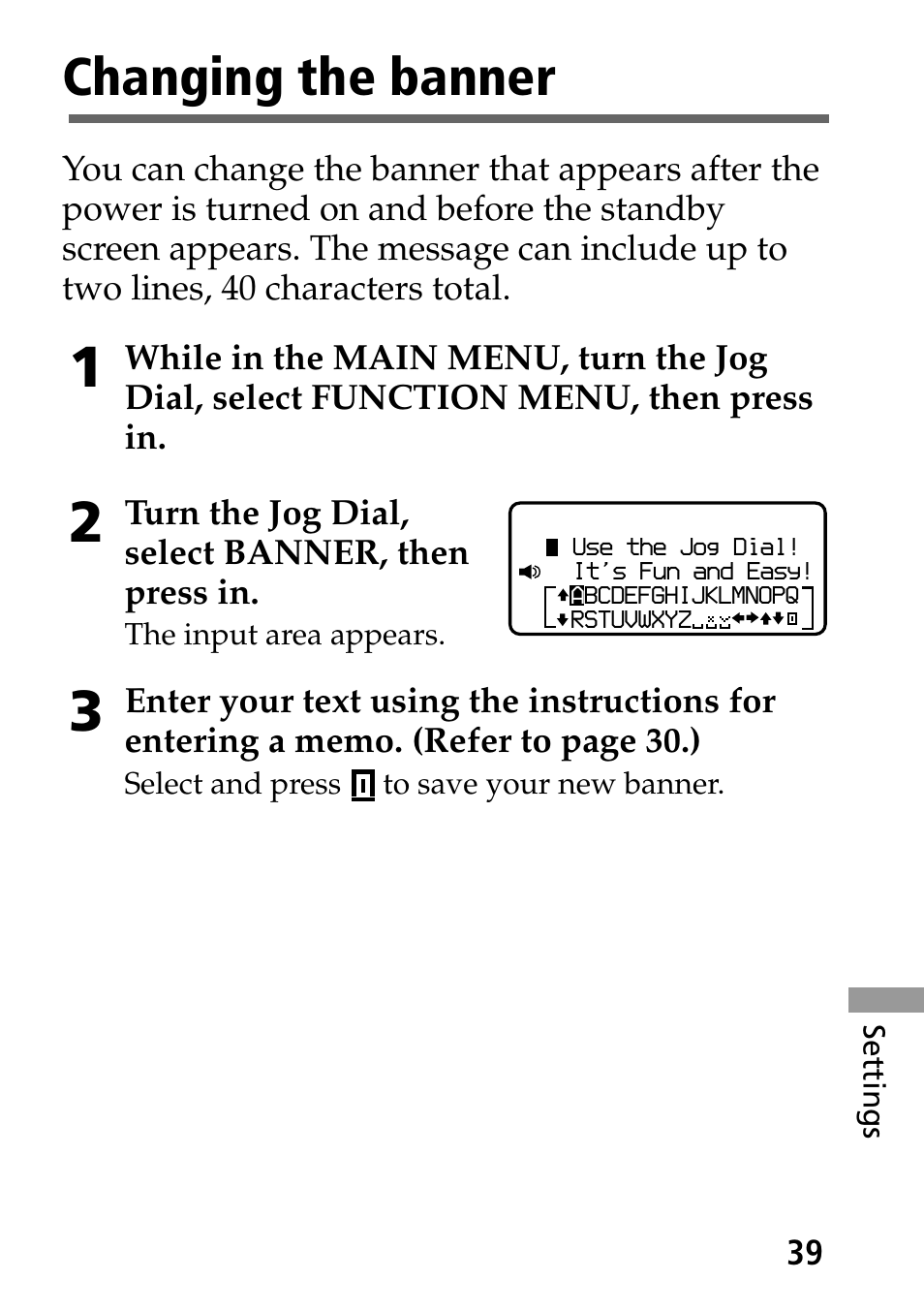 Changing the banner | Sony MP-7001 User Manual | Page 39 / 48