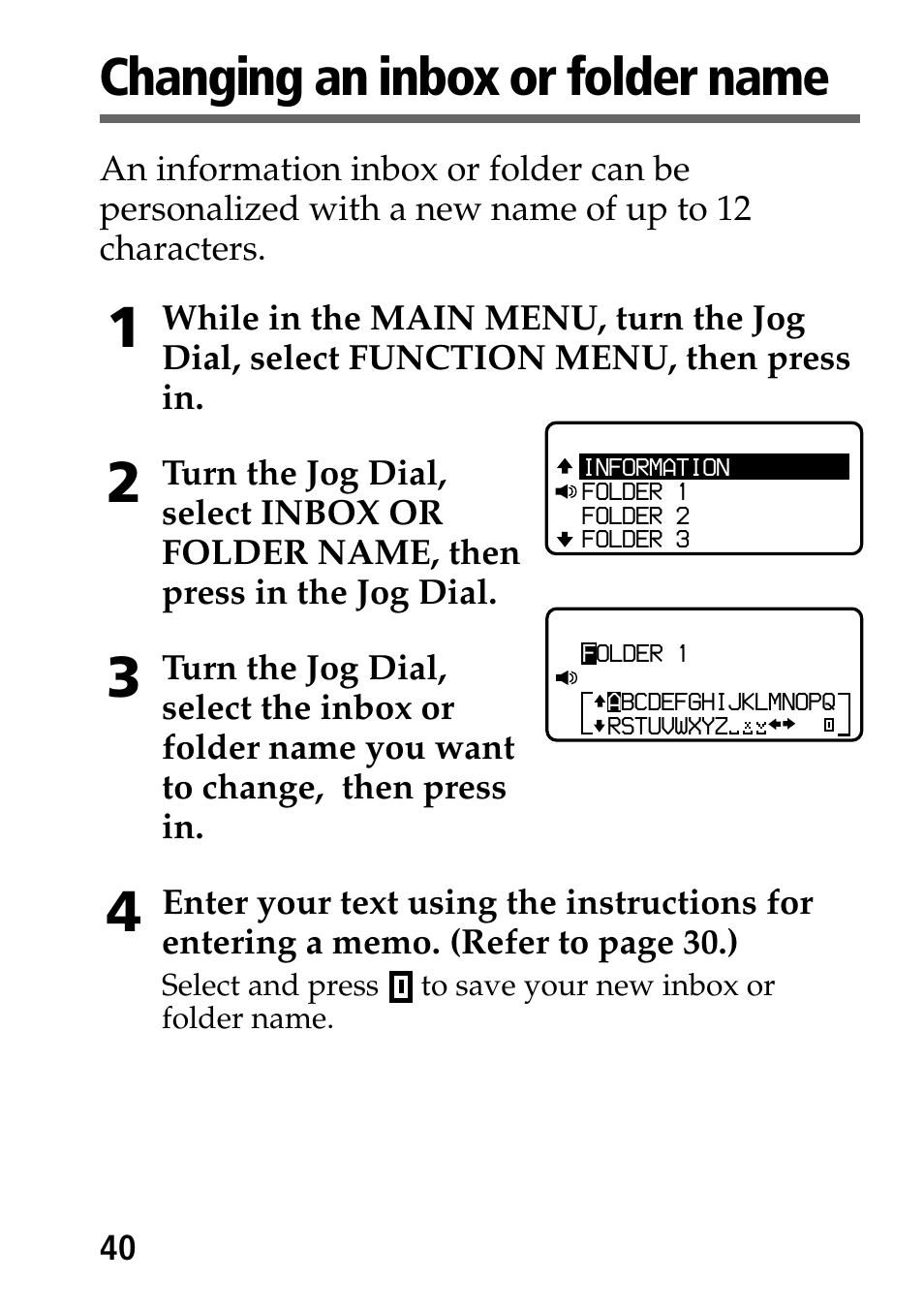 Changing an inbox or folder name | Sony MP-7001 User Manual | Page 40 / 48