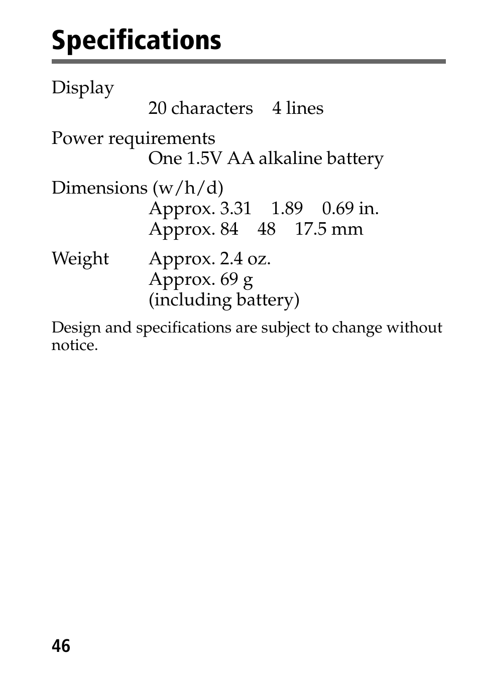 Specifications | Sony MP-7001 User Manual | Page 46 / 48