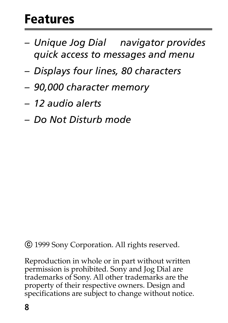 Features | Sony MP-7001 User Manual | Page 8 / 48