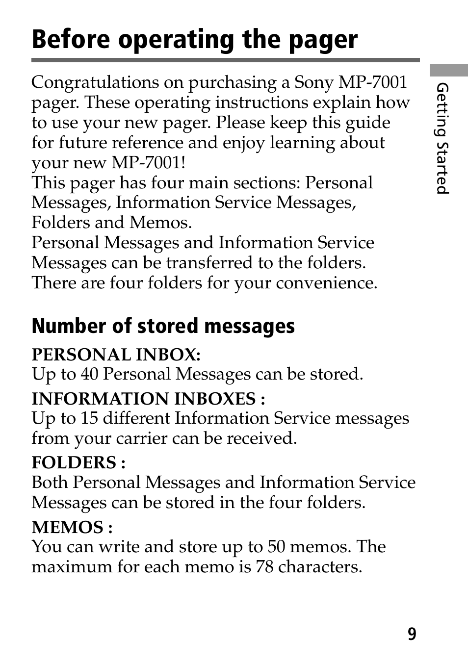 Before operating the pager | Sony MP-7001 User Manual | Page 9 / 48