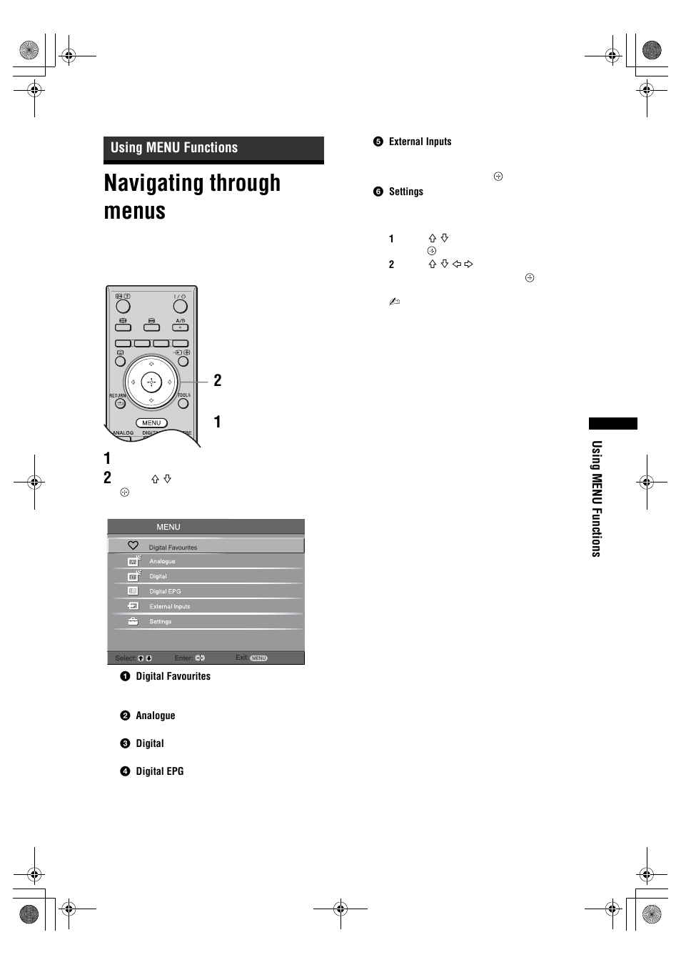 Navigating through menus, Using menu functions | Sony BRAVIA KDL-32D26xx User Manual | Page 19 / 35